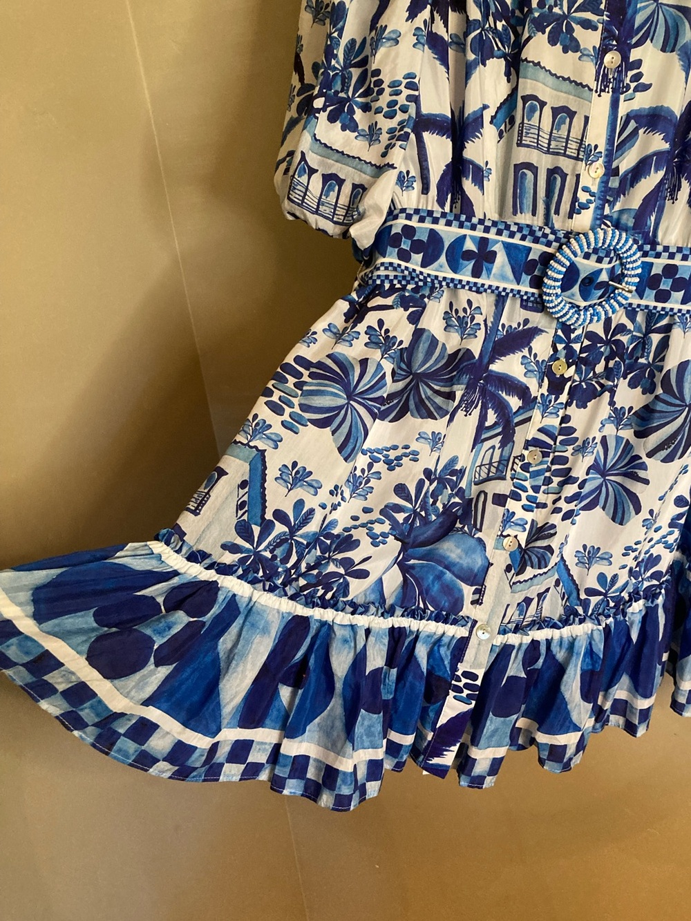 NEW FARM Rio Sweet Rio Mini Dress Tropical Beaded Belt Blue Off White Size L - Picture 11 of 16